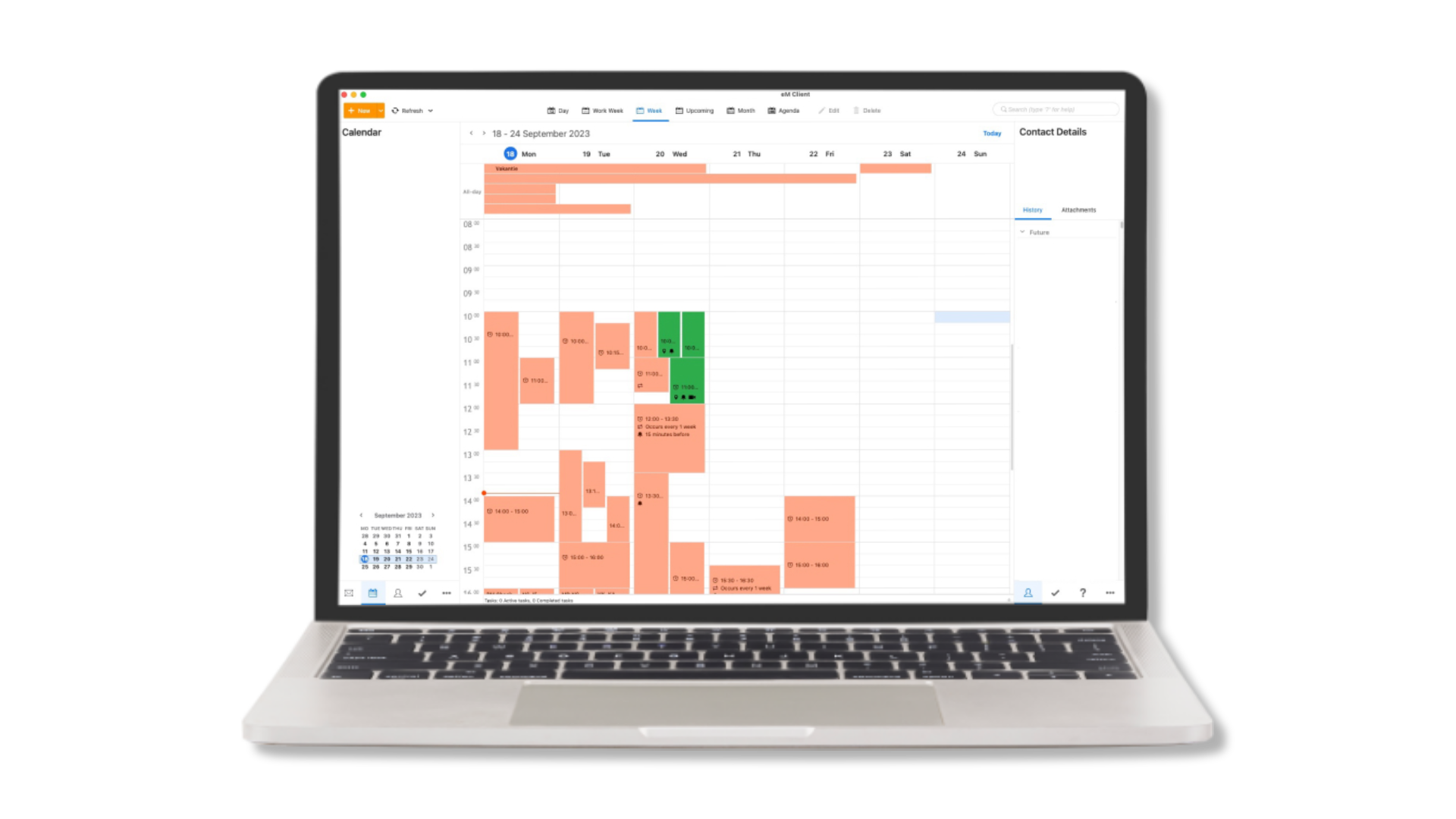 eM Client week calendar on a laptop with appointments and a mini month view