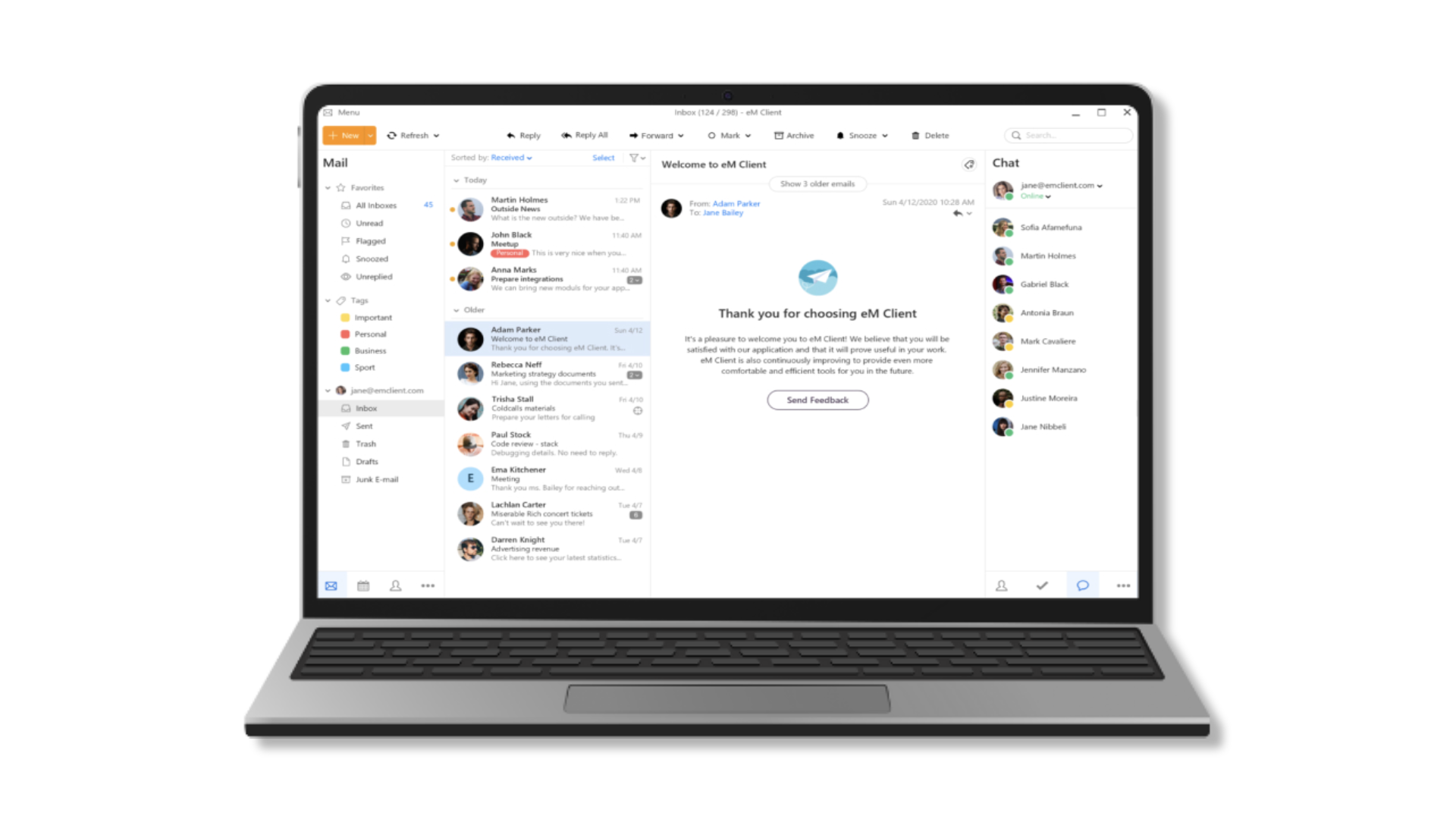 eM Client mail view on a laptop with the chat panel and contact list open