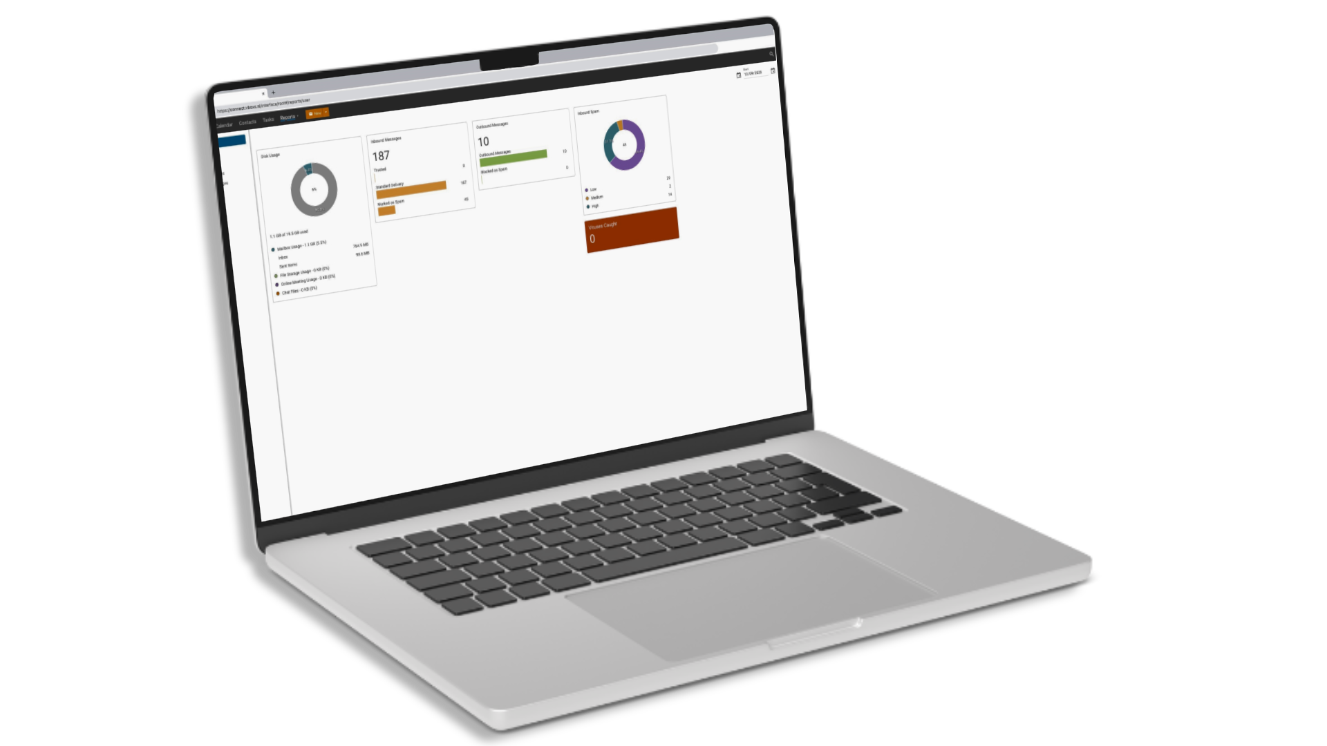 vBoxxConnect reports on a laptop showing disk usage, message counts and spam statistics