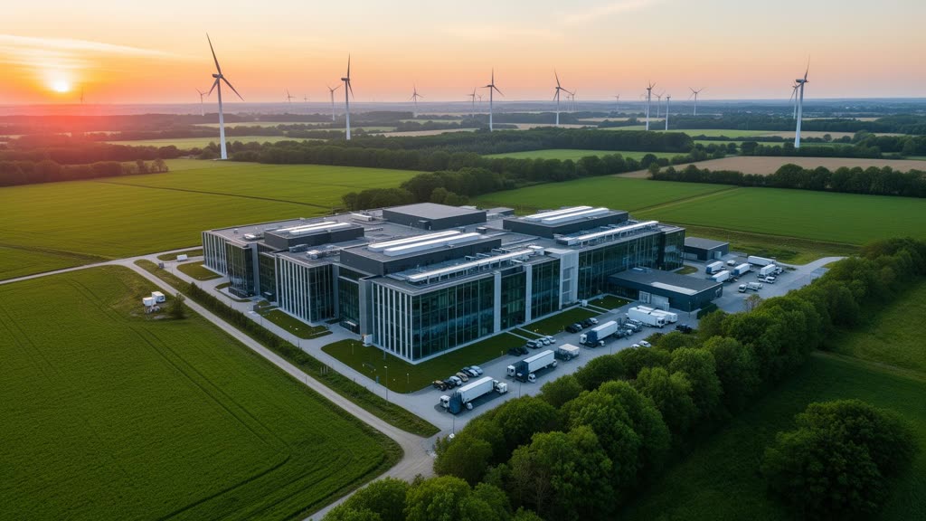 Sustainable European datacenter with wind turbines at sunrise