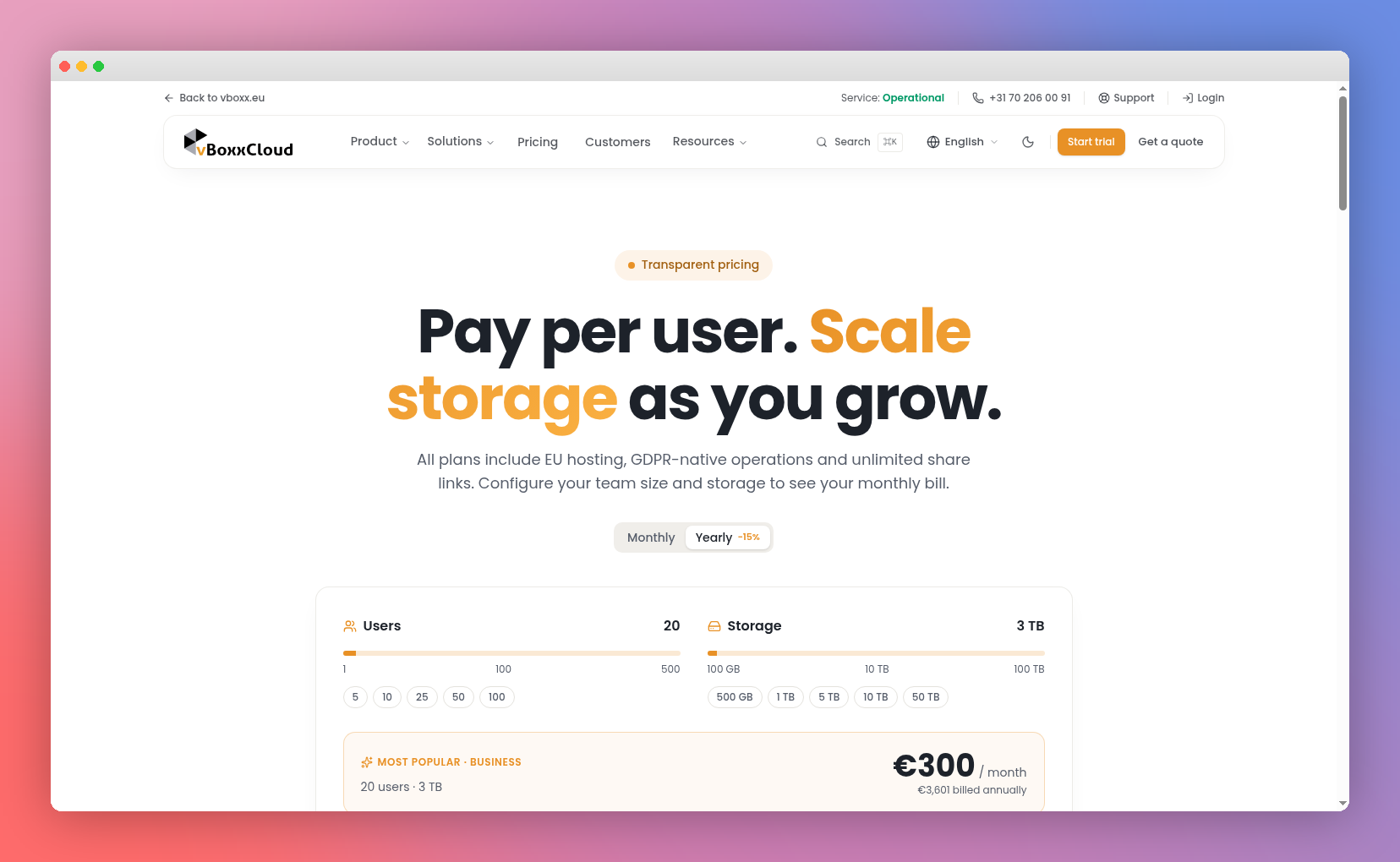 Pay per user, scale storage as you grow